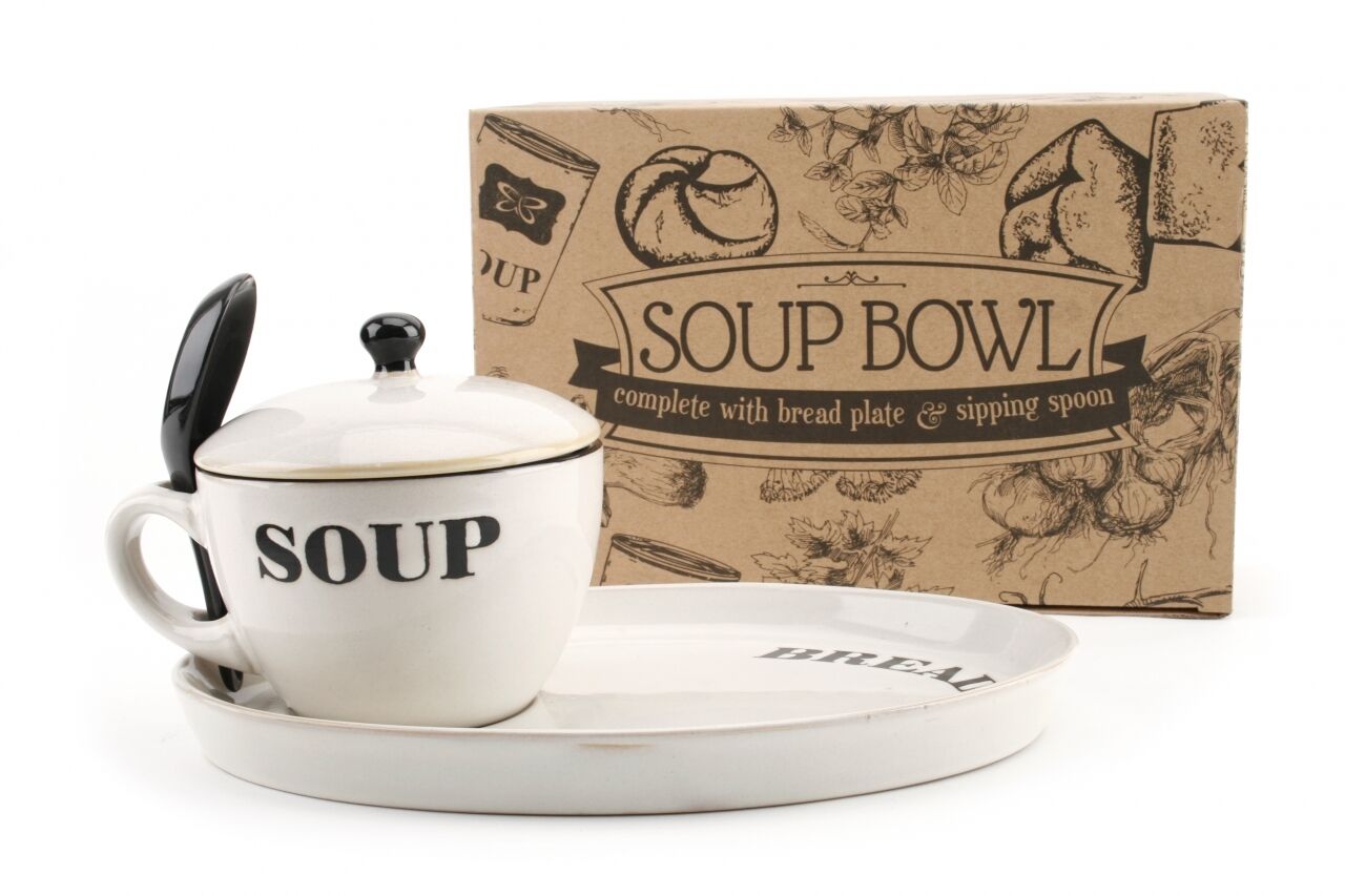 Natural Coloured Ceramic Soup Bowls With Spoon & Lid & Bread Plate Gift Box NEW
