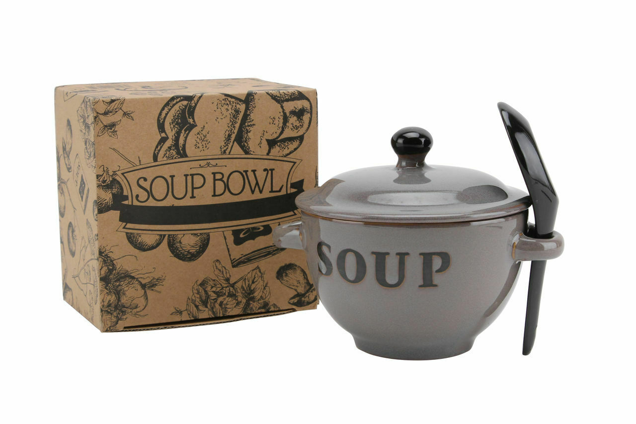 Natural Coloured Ceramic Soup Bowls With Spoon & Lid With Box Ideal Novelty Gift