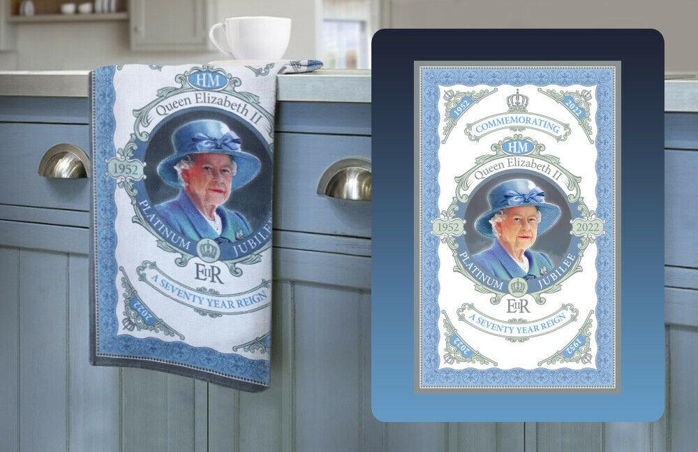2022 Queen Elizabeth II Platinum Jubilee 70 Cotton Blue Tea Towel Gift Souvenir - The Novelty Gift Shop