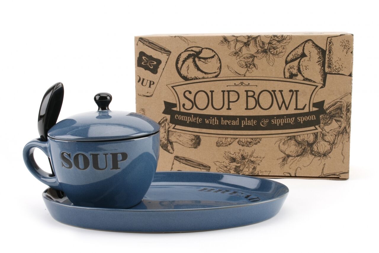 Natural Coloured Ceramic Soup Bowls With Spoon & Lid & Bread Plate Gift Box NEW