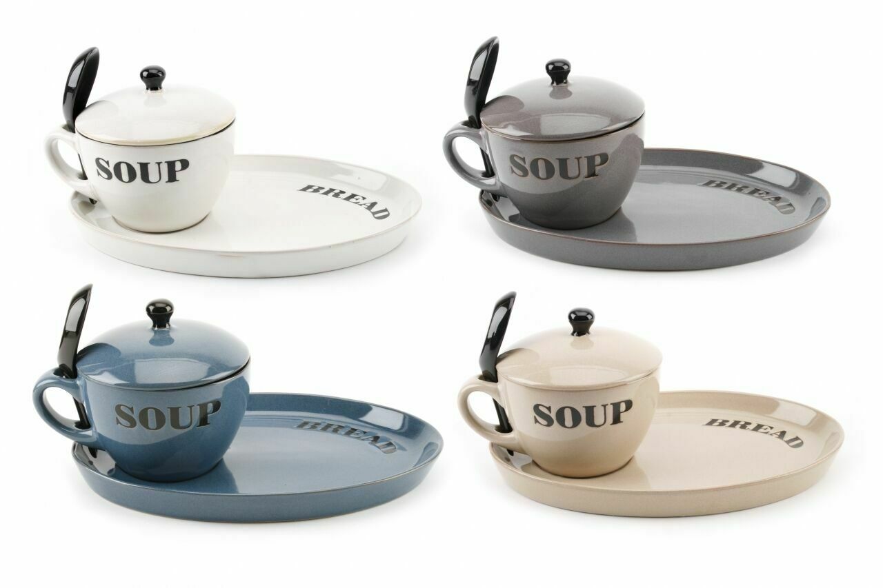 Natural Coloured Ceramic Soup Bowls With Spoon & Lid & Bread Plate Gift Box NEW