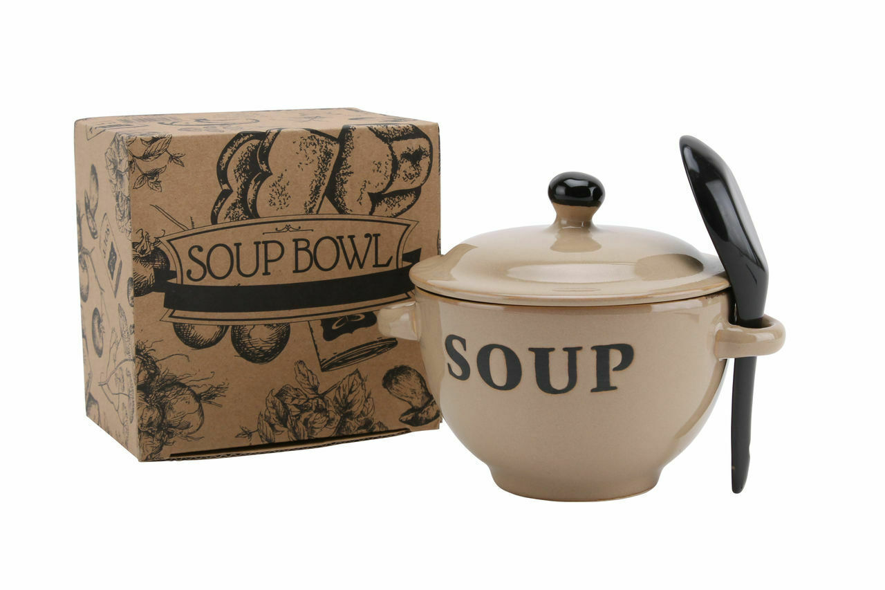 Natural Coloured Ceramic Soup Bowls With Spoon & Lid With Box Ideal Novelty Gift