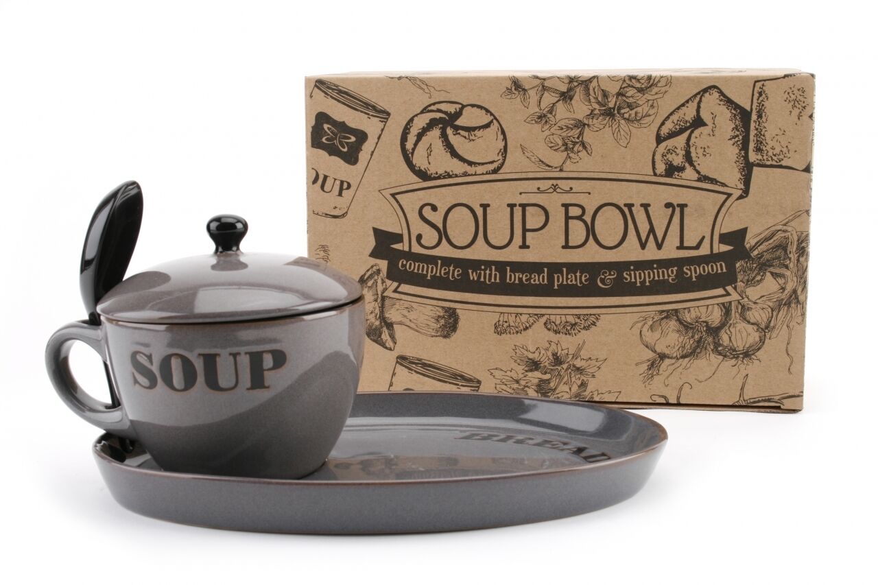 Natural Coloured Ceramic Soup Bowls With Spoon & Lid & Bread Plate Gift Box NEW