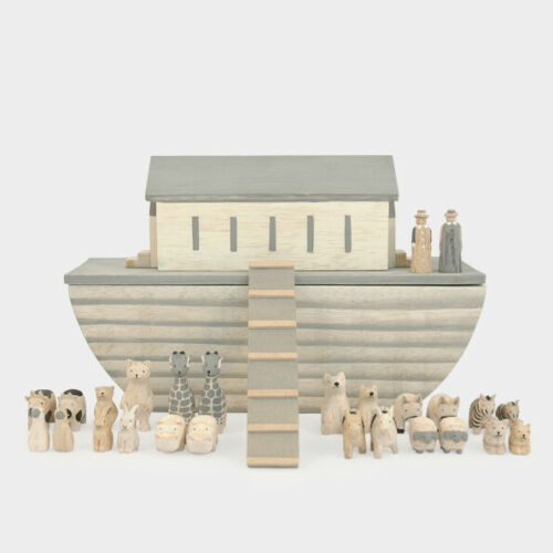 Large Natural Hand Carved Noah's Ark Set Christening Baby Gift By East of India