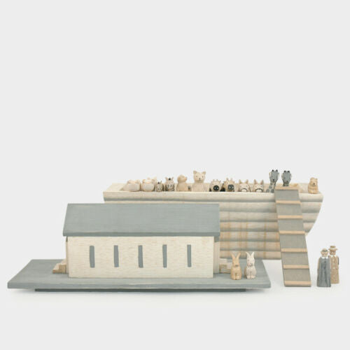 Large Natural Hand Carved Noah's Ark Set Christening Baby Gift By East of India