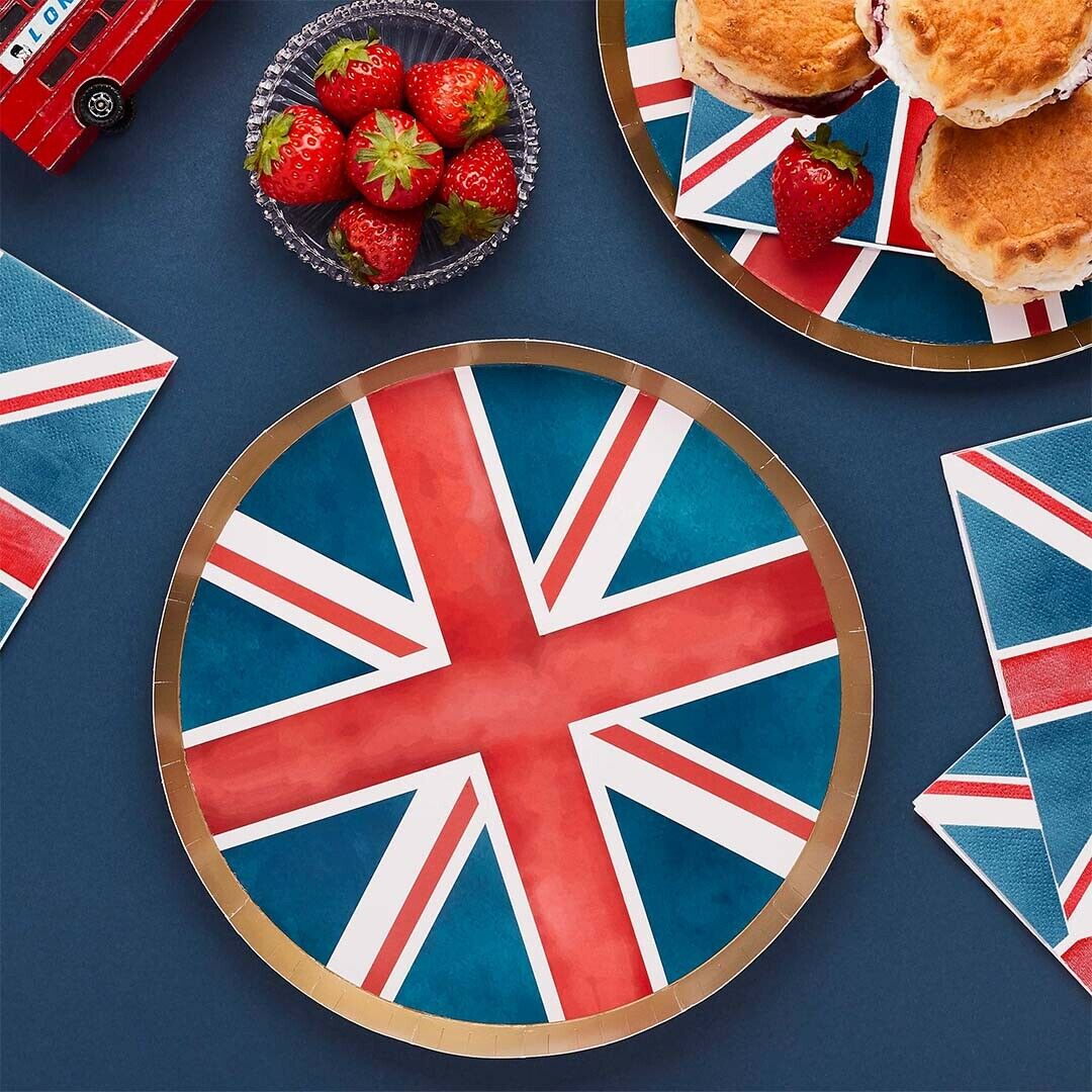 Queens Platinum Jubilee Union Jack Paper Plates Gold Foiling Party Tableware