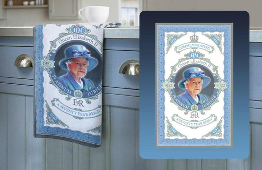 2022 Queen Elizabeth II Platinum Jubilee 70 Cotton Blue Tea Towel Gift Souvenir - The Novelty Gift Shop 