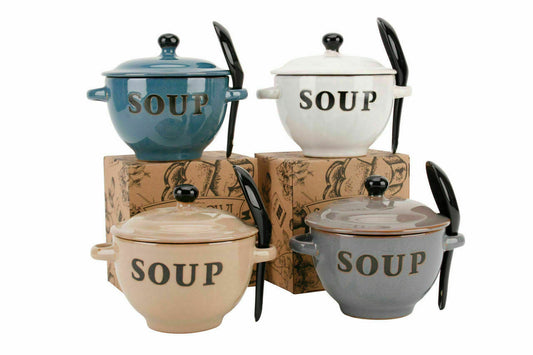 Natural Coloured Ceramic Soup Bowls With Spoon & Lid With Box Ideal Novelty Gift