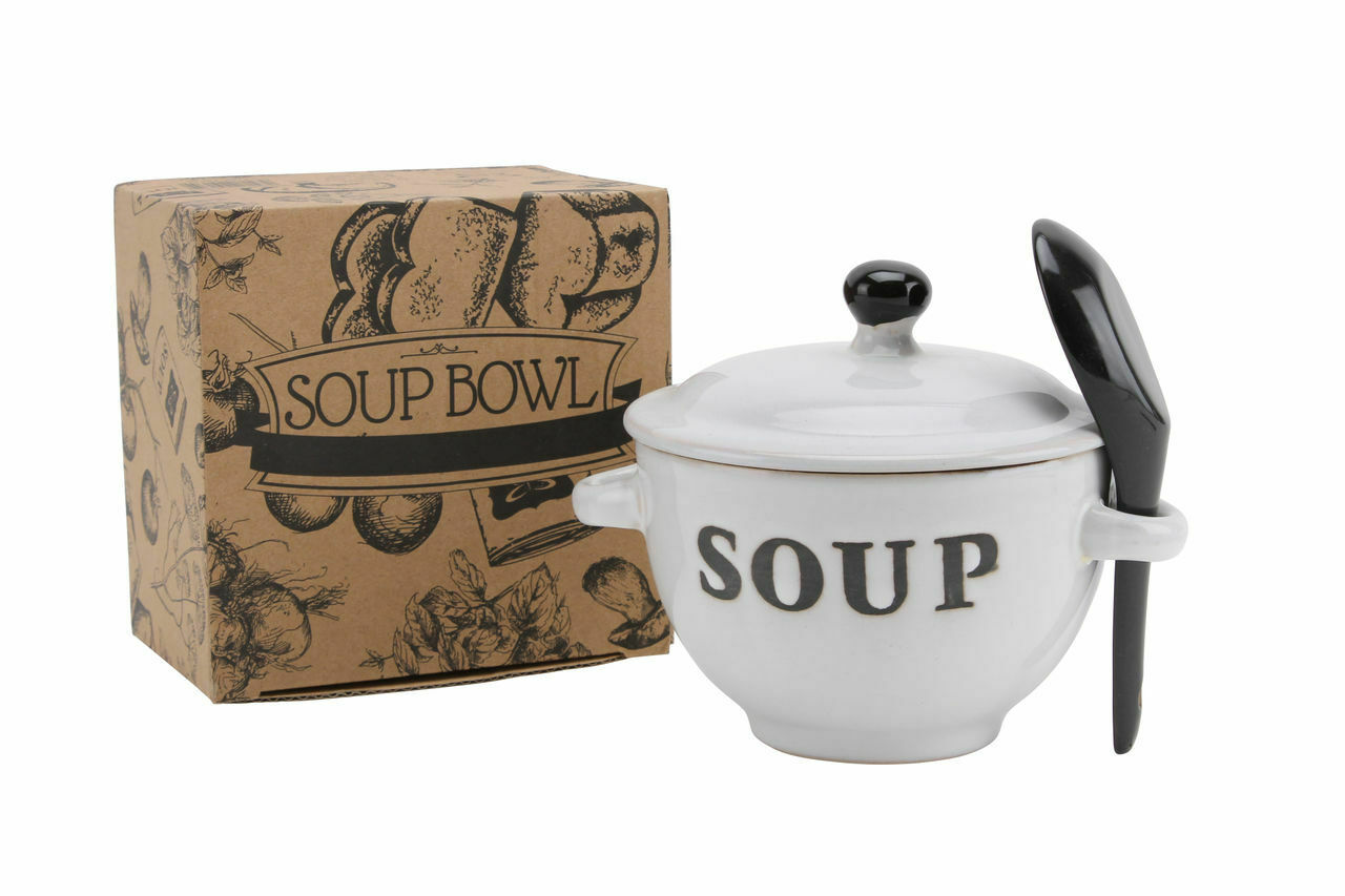 Natural Coloured Ceramic Soup Bowls With Spoon & Lid With Box Ideal Novelty Gift