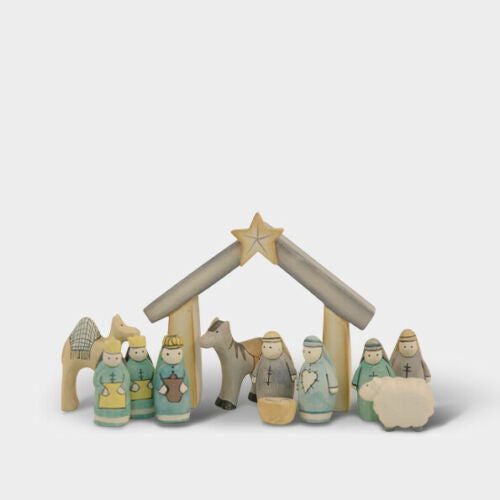 Hand Carved Hand Painted Wooden Nativity Boxed Set/Scene East of India Xmas New