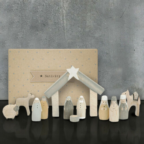 Hand Carved Natural Wooden Nativity Boxed Set/Scene East of India Xmas New