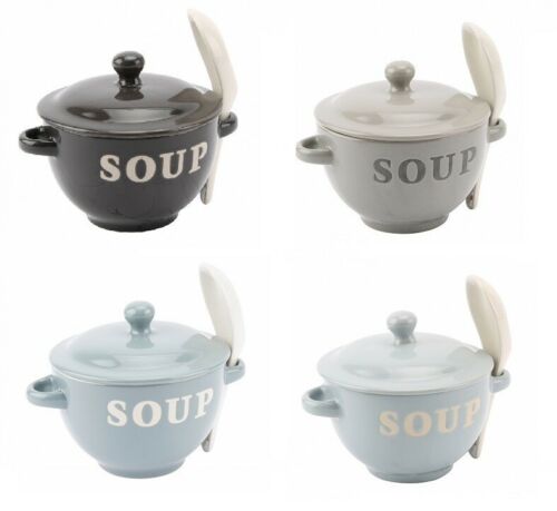 Natural Coloured Ceramic Soup Bowls & Spoon & Lid & Xmas Present Gift Box New